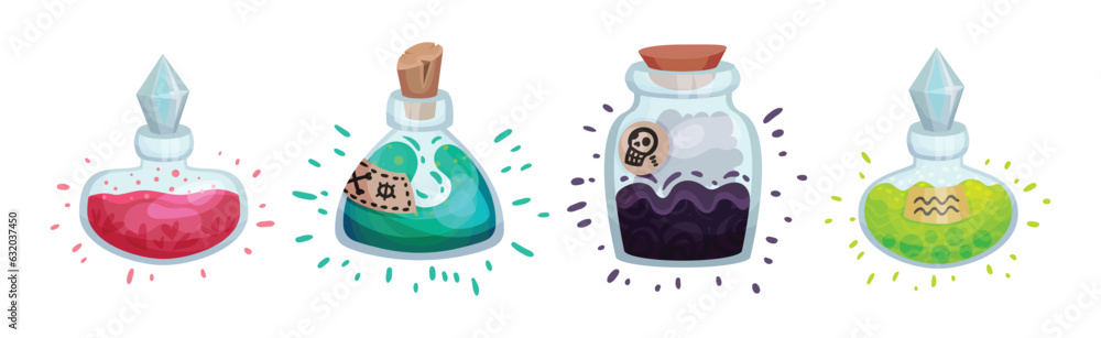 Poster glass bottles and jars with potion corked with bottle cap vector set