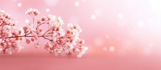 Small pink baby's breath flowers positioned on a soft pink background with a blurry effect are ideal for backgrounds, wallpapers, and can be used as a banner for website headers. Copy space