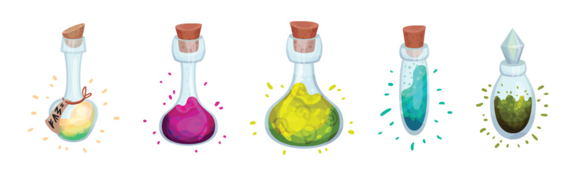 Glass Bottles and Jars with Potion Corked with Bottle Cap Vector Set