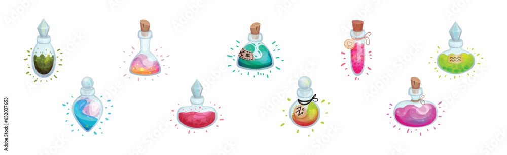 Poster glass bottles and jars with potion corked with bottle cap vector set