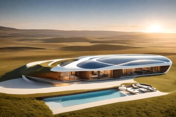 Fototapeta premium A modern house in the dessert - Generative AI