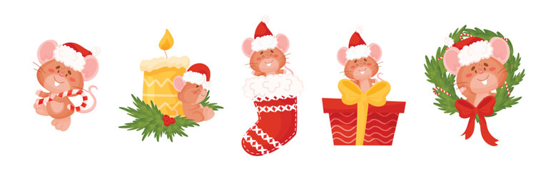 Cute Mouse in Red Santa Hat Engaged in Different Activity Vector Set