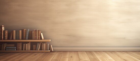 Empty space is available on a wooden floor with various books spread out, surrounded by a brown wood parquet background. It's a back to school concept with room for writing.