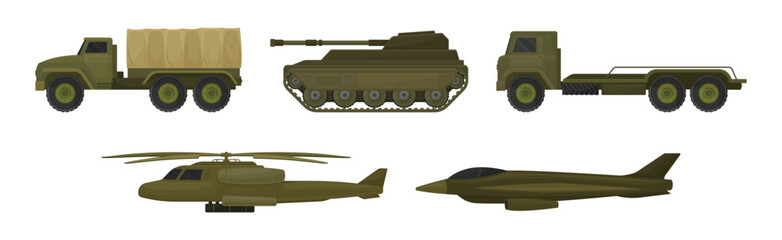 Fototapeta premium Military Machine and Armored Vehicle for Off-road Track with Aircraft Vector Set