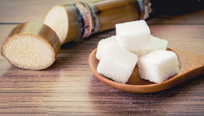 Close up the sugar cubes and cane in wooden spoon on the table ,retro color tone