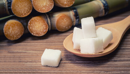 Close up the sugar cubes and cane in wooden spoon on the table ,retro color tone