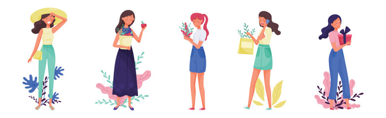 Young Smiling Girl Enjoy Different Activity Vector Illustration Set