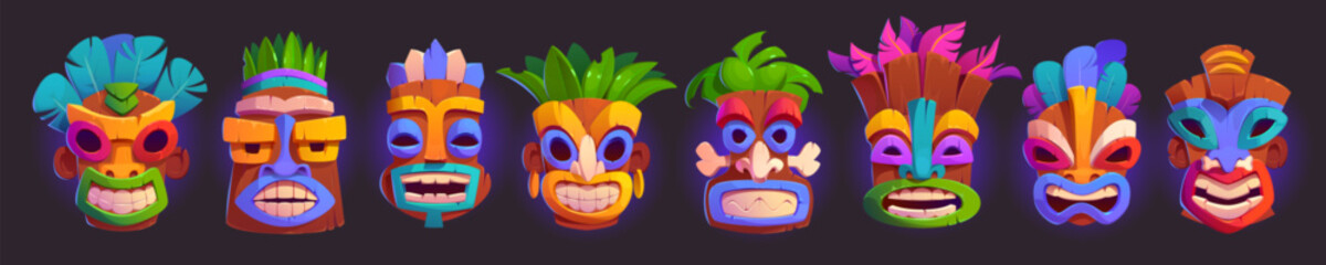 Set of tiki masks isolated on black background. Vector cartoon illustration of colorful tribal wooden totems, hawaiian style attribute, scary face with toothy mouth and big eyes, ancient culture items