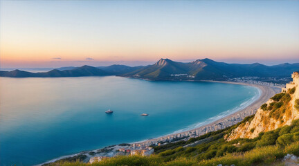 Large panorama with view on Koktebel and black sea at sunset in eastern Europe. Generative AI.