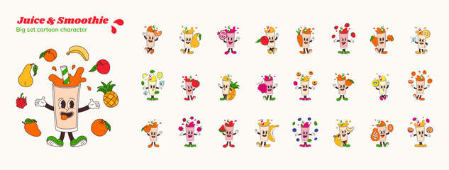 Set of 25 comic cartoon characters of juice or smoothie. Isolated vector illustration mascots cocktails from orange, pear, apple, lemon, tomato, grape, peach, banana, mango, lemonade, mojito and etc.