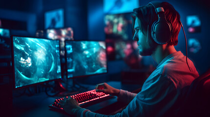 young caucasian gamer with headset playing video games with computer and multiple screens lit with saturated neon lights. Neural network generated in May 2023. Not based on any actual person, scene or