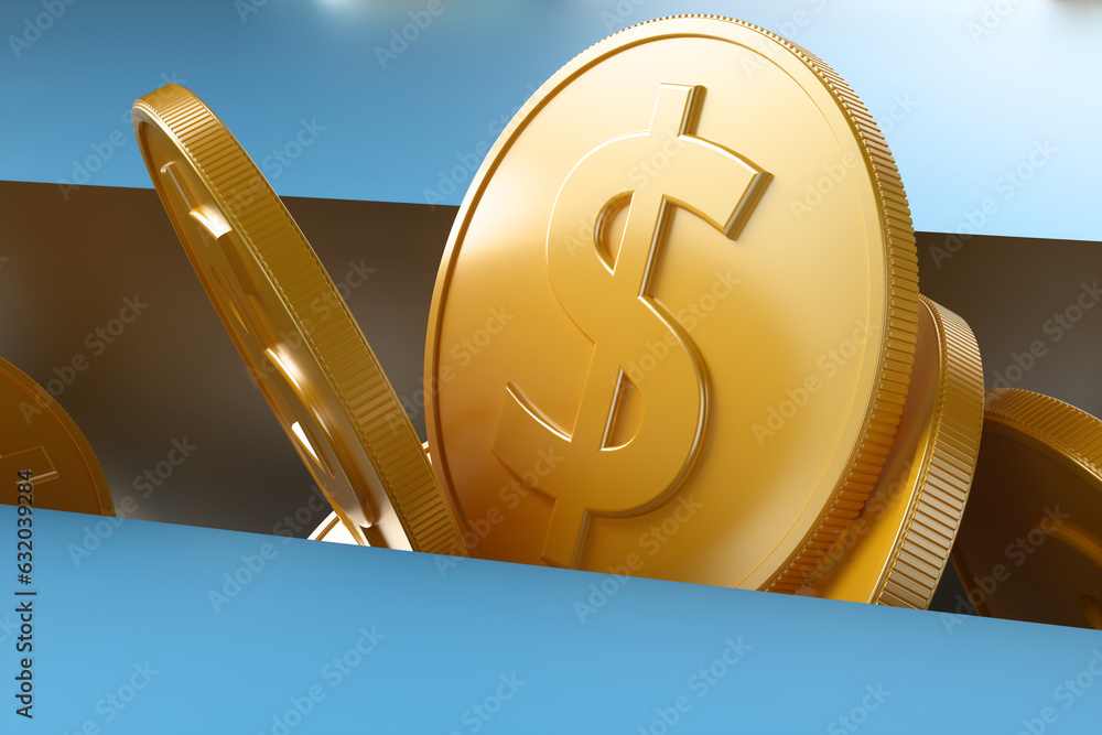 Wall mural close-up of a lot of gold coins with a dollar currency sign on a blue background. 3d rendering illus