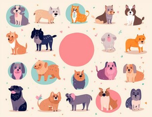 Cute dogs set. Colourful cartoon collection with cute dogs. set of different dog breeds. Funny puppy characters, Generative AI