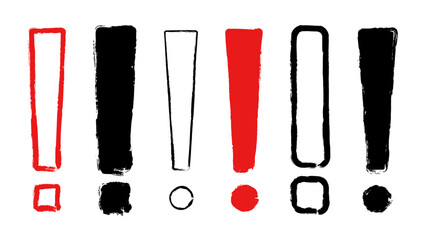 Set of black and red exclamation mark isolated on white background. Precautions symbol. Ink brush strokes.  Watercolor icon design. Vector illustration, eps 10.