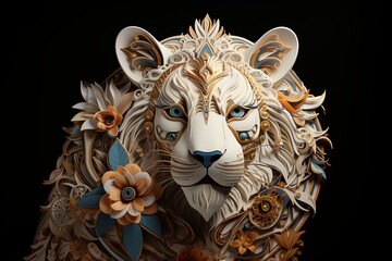 Abstract Quilling: Mystical French Lion for Decorative Design. Elegance in Craftsmanship. Beautiful Light Background. Futuristic Shapes on Black Background. Premium Award-Winning Aesthetics