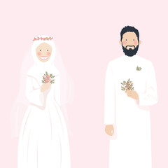Cute Romantic Wedding Muslim Couple Cartoon Character Portrait Illustration with formal clothes making pose after getting their nikah concept