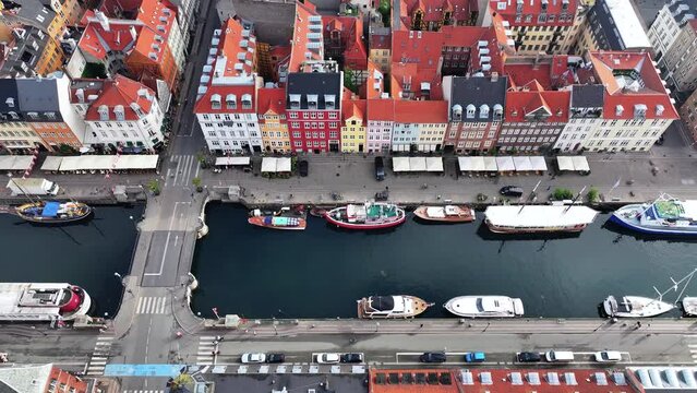 Beautiful aerial view of colored traditional houses on Nyhavn Street, Copenhagen, Denmark.