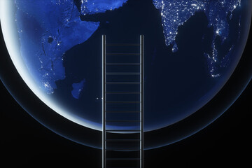 Planet EARTH with stairs at night on a black background. 3d rendering illustration.