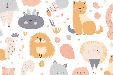 Baby animals seamless pattern. Fabric pattern.  illustration with cute animals. Nursery baby pattern illustration, Generative AI