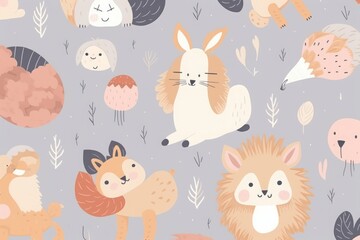 Fototapeta premium Baby animals seamless pattern. Fabric pattern. illustration with cute animals. Nursery baby pattern illustration, Generative AI