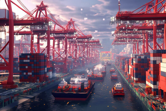 Ports Of Tomorrow: Futuristic Container Ports Equipped With Automated Cranes And Smart Logistics Systems, Illustrating The Efficiency And Technological Advancements In Global Trade