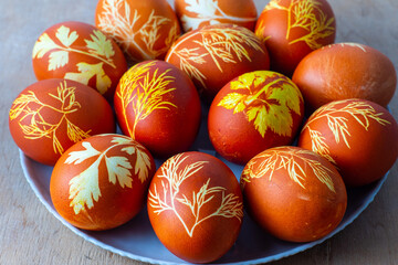 Obraz na płótnie Canvas Easter eggs dyed with onion peel, dill and parsley. Natural eco dyes. Egg on the table top view food background. Spring homemade DIY craft concept.