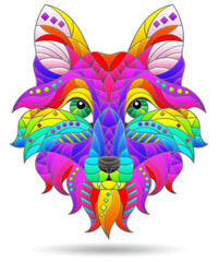 Illustrations in the style of stained glass with a portrait of a bright abstract fox, the animal is isolated on a white background