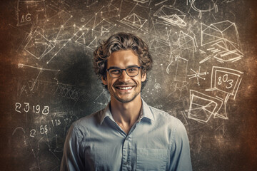 smiling young man stands confidently against a backdrop of math formulas