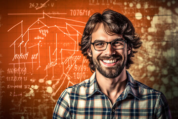 smiling young man stands confidently against a backdrop of math formulas