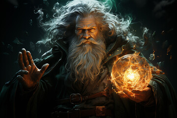 Wise Merlin the Wizard boldly confronting a Magical Creature - obrazy, fototapety, plakaty