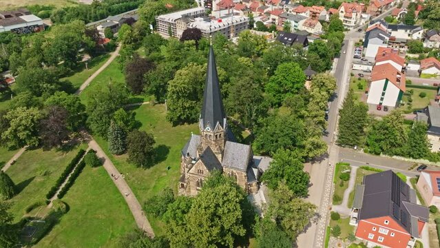 Aerial drone view of St. Petri Kirche ( St. Petri Church ) in thale , Germany