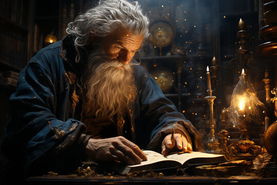 Wise Merlin the Wizard boldly confronting a Magical Creature