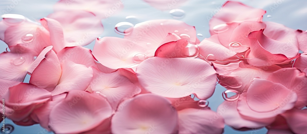 Poster a close-up image of beautiful rose petals with a drop floating on the surface of the water. suitable