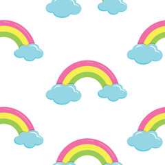Rainbow pattern. Vector illustration. Baby wallpaper. Cloud, rainbow texture. Kids cartoon background. Abstract rainbow graphic design. Cute fairy tale backdrop. Rainbow fabric print art.