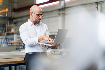 Businessman using laptop in factory