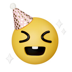 3d party emoji celebrate emoticon. Happy birthday face hat emoji. icon isolated on gray background. 3d rendering illustration. Clipping path.