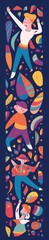 Naklejka premium Colorful pattern with abstract stylish individual design elements. Dancing people. New Year celebration. Design for holidays Birthday, New Year, Brazil Carnival or, Generative AI