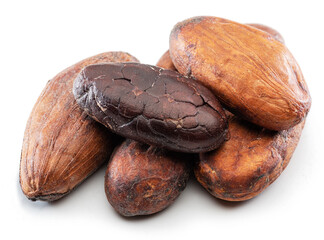 Cocoa beans close-up on white background.
