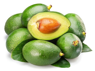 Lot of avocado fruits with leaves isolated on white background.