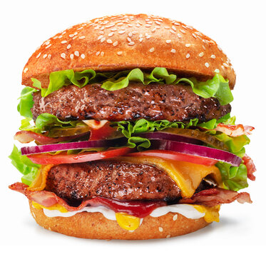 Tasty double patty cheeseburger isolated on white background.  File contains clipping path.