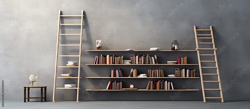 Poster a contemporary book rack or bookshelves with a library ladder for accessing books, set against a gre
