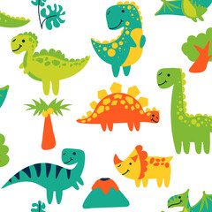 Vector seamless color repeating pattern with dinosaurs and tropical elements in a bright cartoon style. Children's seamless pattern with hand-drawn dinosaurs. Vector illustration of dinosaurs