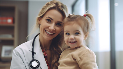 Young woman doctor is holding a little girl in her arms. A visit to a pediatrician at the hospital.Сreated with Generative AI technology.
