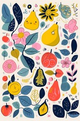 Collection of colorful doodles with summer fruits lemon, pear, flowers and leaves, Generative AI