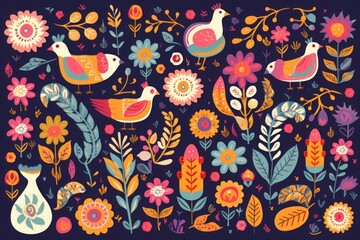 Mexican collection of plants, flowers, red pepper and birds. Colorful stylish Mexican ornaments for decoration projects and fabric and textile patterns. Folk, ethnic, Generative AI