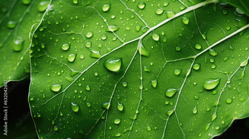 Poster texture of green leaf with water drops. created with generative ai technology.