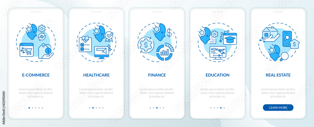 Poster 2d icons representing ai for seo mobile app screen set. walkthrough 5 steps blue graphic instruction