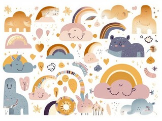 Fototapeta premium Decorative abstract art collection with modern rainbows, funny animals baby and clouds. Hand-drawn modern illustration. Baby trendy decorative, Generative AI