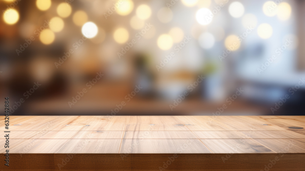 Poster wooden board blank table in front of a blurry background. created with generative ai technology.