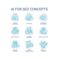 2D editable icons set representing AI for SEO concepts, isolated vector, blue thin line blue illustration.